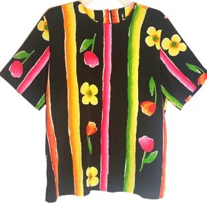 Alia women's med floral colorblock print short sleeves pullover top. 6002